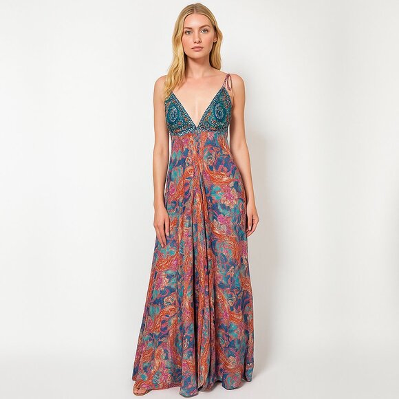 2/$30 Floral Paisley Boho Maxi Beach Dress Tie Shoulders Pink Blue #A0453 TRB3 - Picture 1 of 7
